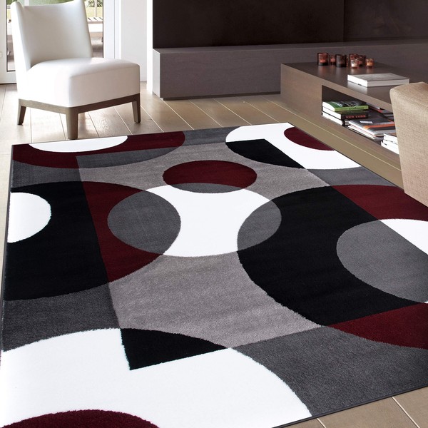Rugshop Modern Circles Carpet Easy Maintenance for Home Office,Living Room,Bedroom,Kitchen Soft Area Rug 5'3" x 7'3" Burgundy