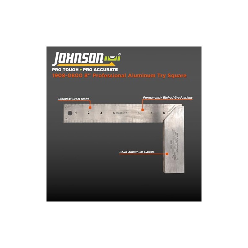 Johnson Level & Tool 1908-0800 Professional Aluminum Try Square, 8",