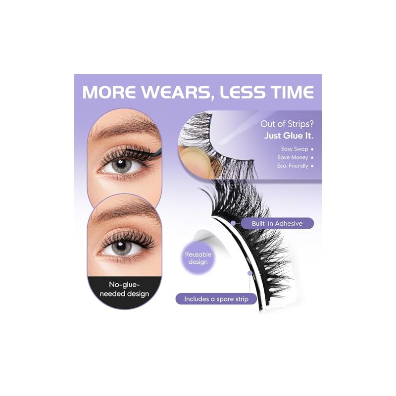 Self Adhesive Eyelashes Natural Look,Pre Glued No Glue Needed Reusable