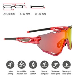 SWISSEYE Mantra Sports Glasses (100% UVA, UVB and UVC Protection, Adjustable Nose Area and Rubberised Temples, Shatter-Free Material TR90, Includes Case, Includes Microfibre Bag), Shiny Laser Red