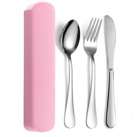 JIEYUCHU Camping Cutlery Set of 3, Stainless Steel Camping Cutlery with Case, Reusable, Travel Cutlery for On the Go Camping Picnic (Pink)