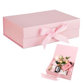 Gift Box with Bow, 23 x 17 x 7 cm, Magnetic Gift Box with Lid, Foldable Gift Box, Decorative Box, Gift Packaging Box, for Birthday Parties, Holiday Banquets, Weddings (Pink)
