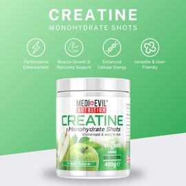 Medi-Evil Nutrition Creatine Monohydrate Powder 400g, Green Apple Flavour, Micronised for Easy Mixing, Improve Strength and Physical Performance