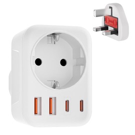 Travel Adaptor UK Adapter England Germany Plug, UK Adapter with 2USB + 2USB C (3.4A), 5-in-1 Adapter UK, Socket Adapter England, Travel Adapter Type G for England Ireland UK, Qatar, Malaysia, Dubai,