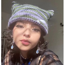 Women Girls Boys Teens Cute CAT Kitty Ears Hats, Winter Warm Knitted Stripe Grunge Accessories Slouchy Headgear, Coffee Stripe, One Size-Small