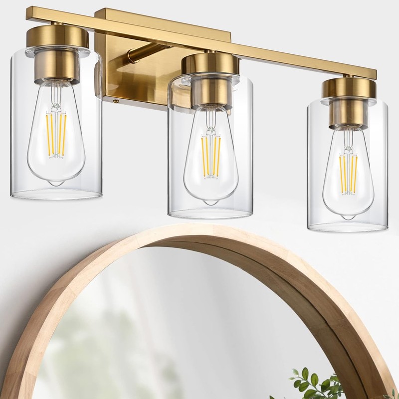 A1A9 3-Light Bathroom Vanity Light, Modern Brushed Gold Wall Lights