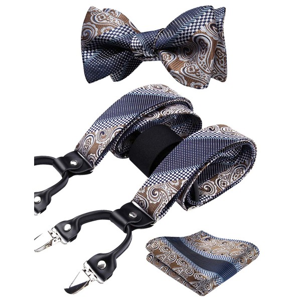 Hisdern Men's Braces, Wide Bow Tie and Pocket Handkerchief Set,