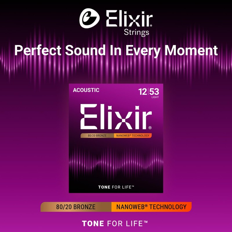 Elixir Strings, Acoustic Guitar Strings, 80/20 Bronze with NANOWEB Technology,