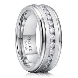 King Will Titanium Wedding Band for Men Women-8mm Sliver Wedding Ring with White Cubic Zirconia CZ Inlay Matte Finish Engagement Promise Ring Comfort Fit Size 12