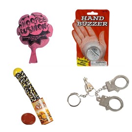 DISCOUNT PARTY AND NOVELTY 4 Tricks and GAGS, Snake in NUT CAN, Hand Buzzer, WHOOPEE Cushion, Thumb Cuffs Bundle