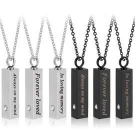 Ideashop 6 Pack Urn Necklace for Ashes, Crystal Cremation Jewelry for Ashes Memorial Urn Necklace Pendant Keepsakes Silver Black Urn Locket with CZ Stainless Steel Cube Ashes Necklace for Women Men