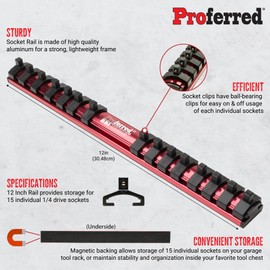 Proferred S49001 Magnetic Aluminum Socket Rail, 1/4" Drive, 12"
