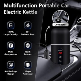 Car Kettle,Portable Electric Travel Kettle,12V/24V Car Coffee Warmer,420ML Hot Water Boiler,Small Hot Water Heater, Mini Hot Water Boiler with Built-in Magnetic Induction Stirring for Tea Coffee Milk