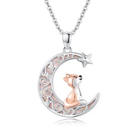 ABIGY Fox Necklace 925 Sterling Silver Animal Fox Chain Fox Moon Pendant with Opal Chain Fox Jewellery Gift for Women Girls, Sterling Silver