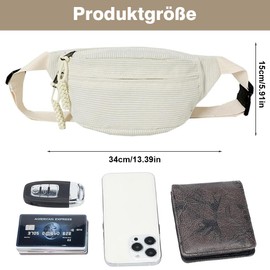 Bum Bag Women's Corduroy Shoulder Bag 34 x 15 cm, Belt Bag Waist Bags Bum Bag Women's Small with Shoulder Strap Adjustable Stylish and Practical Bum Bag for Casual Trips (White), White, Sports