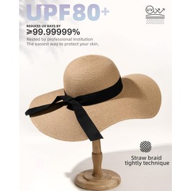FURTALK Womens Sun Straw Hat Wide Brim UPF 80 Summer Hat Foldable Packable Floppy Beach Hats for Women Khaki,Medium-Large