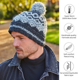 Pachamama Men Wool Beanie Bobble Hat Fleece Lined Handknitted Contemporary Fairisle One-Size Handmade Extra Warm Fair Trade (Wool, Charcoal)