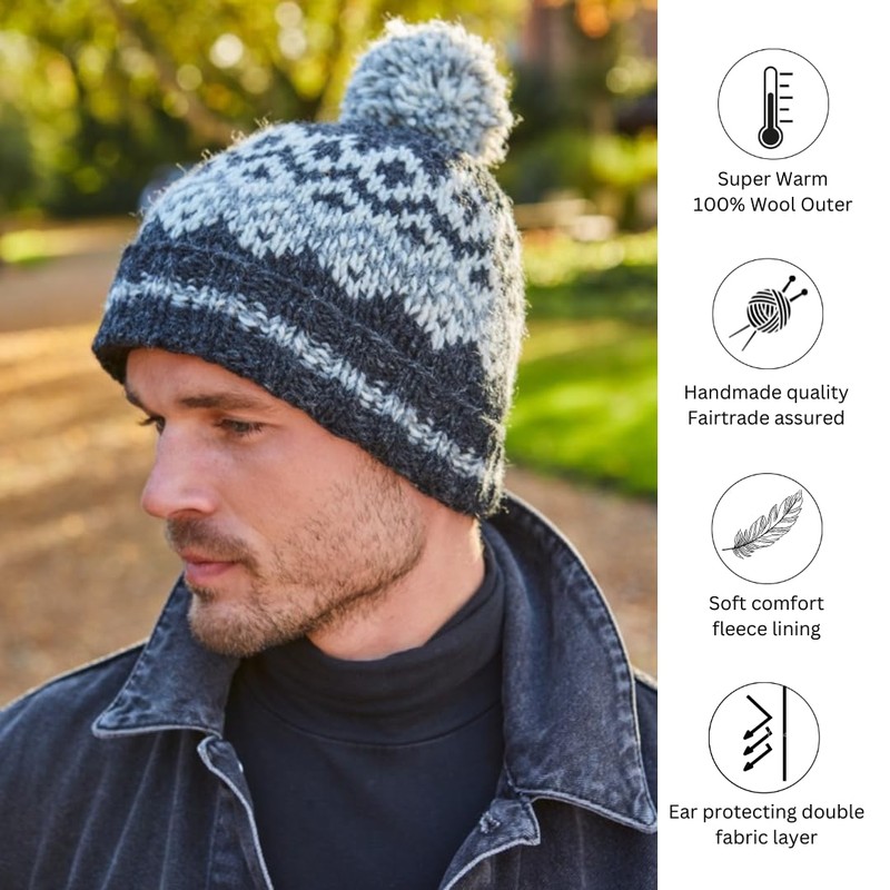 Pachamama Men Wool Beanie Bobble Hat Fleece Lined Handknitted Contemporary