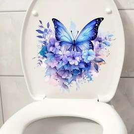 Purple Plant Flower Butterfly Toilet Cover Sticker Decals,Spring Flower Leaf Butterfly Waterproof Toilet Lid Tank Seat Decals Cistern Self-Adhesive Bathroom Wall Sticker