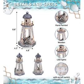CoTa Global Silver Sea Nautical Wooden Lantern Lighthouse With LED Lights - Table Top Centerpiece Coastal Decor For Home, Beach House, Rustic Decorative Lamp with Boat Anchor - Handmade Color May Vary