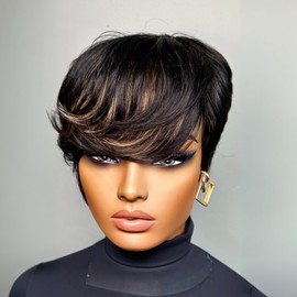 SAEIALL Short Pixie Cut Wig Human Hair for Black Women Black with Brown Highlights Short Wig with Bangs No Lace Front Wigs Get Up and Go Quick Wear