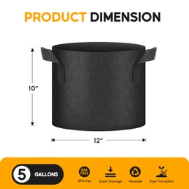 HealSmart 5 Gallon 6-Pack Nonwoven Grow Bags, Aeration Fabric Pots with Handles, Suitable for Garden Fruits, Vegetables and Flowers, Black