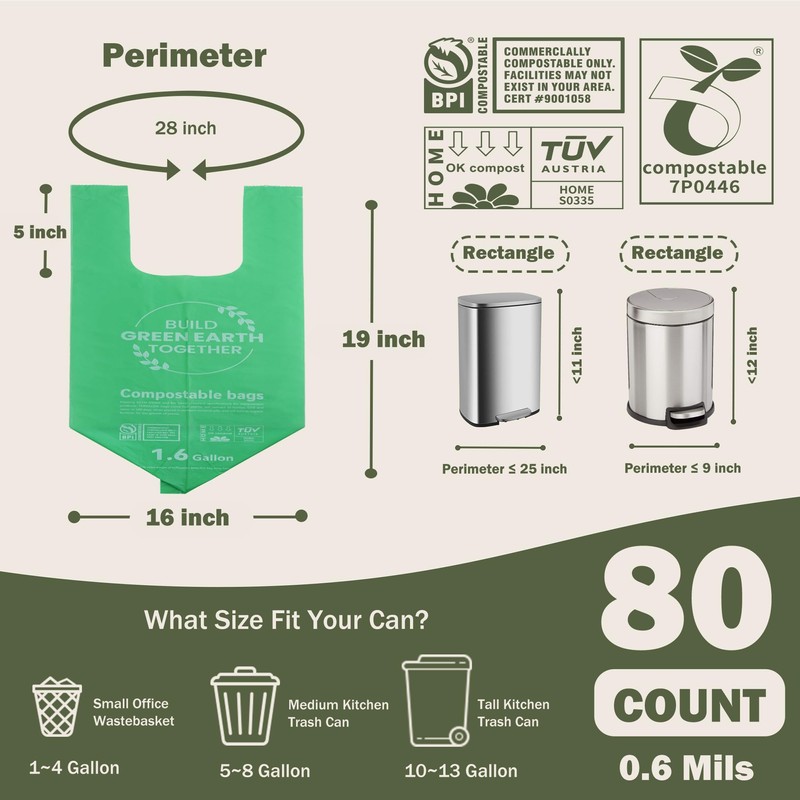 JENCENBIO Compostable Bin Liners 6 Liter Extra Thick 0.6 Mils,