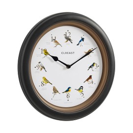 CLXEAST 13.3 Inch Singing Bird Wall Clock with Original 12 Native Recordings Sounds,Auto Night Silence,Gift for Bird Lovers,Oil Rubbed Bronze Black Finish