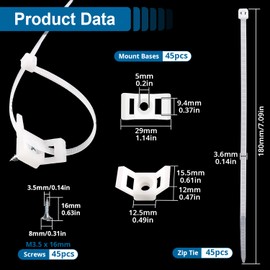VooGenzek 45 Sets 12.5 x 15.5 mm Saddle Type Cable Tie Mounts Base, Saddle Cable Tie Holder, with M3.5 Mounting Screws and Self-Locking Cable Ties, for Cable Management, White