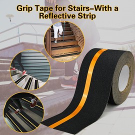 Anti Slip Traction Tape with Reflective Stripe, Non-Slip Grip Adhesive Tape to Indoor or Outdoor Stair,Tubs, Boats, Safety Grip Tape Non Skid Roll for Stair Steps (Black, 2 Inch x 35 Feet)