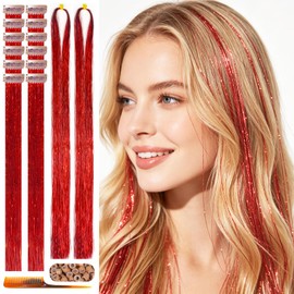 Handwig 80 Strands Bright Red Hair Tinsel, 2-in-1 Kit Vibrant Shine