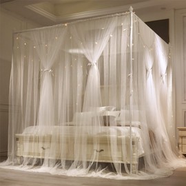 VETHIN 4 Corners Post Princess Bed Canopy Curtain Double Layer Cozy Drape Netting 4 Opening Mosquito Net for Girls & Adults Bedroom Decoration Accessories (Double White, 47" W*78" L*82"*H/Twin)