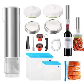Vacuum Sealer with 10 Vacuum Bags and 2 Wine Stoppers, Electric Vacuum Sealer for Preserving Jars with 10 Lids for Food Storage and Fermentation