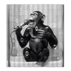 JEJOMEAG Funny Monkey Shower Curtain Black Grey Animal Chimpanzee Singing in Bathtub Modern Fun Fabric Bathroom Decor Curtain with Hooks, 70Wx70H