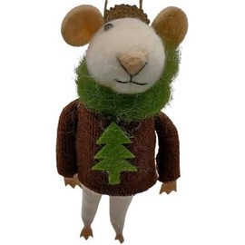 OnHoliday Wool Felt White Mouse in Acorn Hat Red and Green Sweater Hanging Christmas Tree Ornament