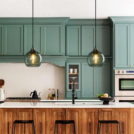 LBSQJ Gray Green Glass Pendant Lights Kitchen Island Lighting Globe Pendant Light Fixtures Modern Pendant Lighting for Kitchen Island Bedroom Living Dining Room Light Fixture(5.9in, 2-Pack)