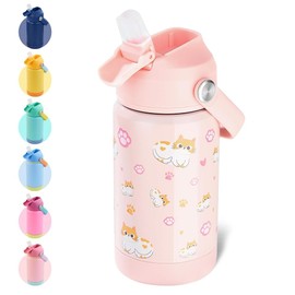 Fijinhom Kids Water Bottle, 360ml/12oz, Stainless Steel Insulated Water Bottle with Straw, Vacuum Leakproof, Kids Water Bottles for School Boys Girls, Keep Drinks Hot Cold,BPA Free,Kitty
