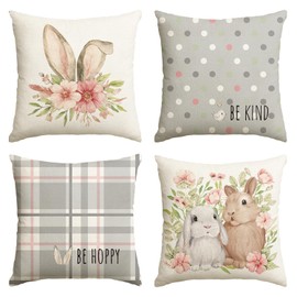 Artoid Mode Grey Stripe Point Bunny Rabbit Ears Easter Cushion Covers Set of 4, 45x45 cm Flowers Decorative Pillow Case Cover Sofa Living Room Decor