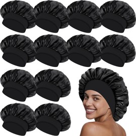 PIEMEET 12 Pcs Satin Bonnets for Sleeping,Black Silk Bonnet with Elastic Wide Band,Hair Bonnets Sleeping Cap for Black Women Braids Curly Hair