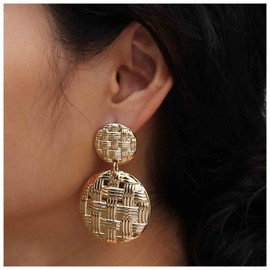 Inilbran Boho Hammered Coin Earrings Vintage Textured Circle Earrings Gold Matte Coin Dangle Earrings Metal Weave Disc Earrings Jewelry for Women and Girls