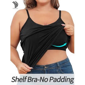 V FOR CITY Plus Size Camisole for Women with Shelf Bra Adjustable Spaghetti Strap Cami Tank Top Cotton Undershirts Black 3X