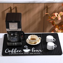 Honeydak Silicone Coffee Mat Set 24" x 16" Coffee Bar Tray for Countertop with Detachable Dish Drying Mat Black Kitchen Accessories Pad for Counter Machine Pot Cups