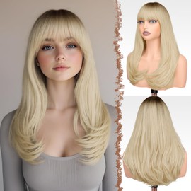 FESHFEN Long Wigs with Bangs, Synthetic Natural Looking Layered Straight Hair Wig for Women Daily Party Use 18 inch, Ombre Blonde