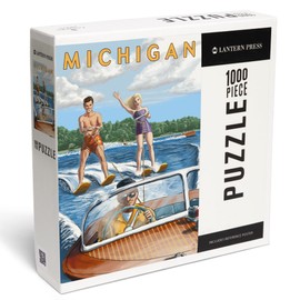 Lantern Press 1000 Piece Jigsaw Puzzle, Michigan, Water Skiing and Wooden Boat