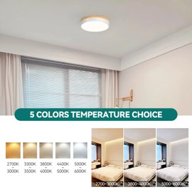 YURNYQ Dimmable Wood LED Ceiling Light Fixture, White Round Low Profile Flush Mount Ceiling Lighting, Modern 5CCT 2700K-6000K Ceiling Lamp for Laundry Room Hallway Kitchen Bedroom, 11.8in
