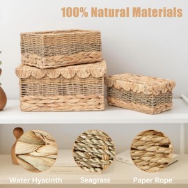 VinneGenzz Wicker Storage Baskets with Lids Natural Handmade Scalloped Rattan Box Decorative Bohemian Removable Tray Lid Handles Water Hyacinth Seagrass Paper Rope Woven Bins Container (Small)
