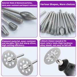 Diamond Grinding Bit Set for Dremel, Rotary Tool Grinding Cutting Wheel 1/8” Shank for Stone Glass Tile Jewelry Engraving Rock Etching Masonry Carving Metal Wood - 32Pc