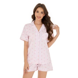 LUBOT 100% Cotton Pyjamas Set for Women Ladies, Woven Short Sleeve Button Down Pajamas, Two Piece Pjs for Female Sets Sleepwear Loungewear (Pink Bow, XL)