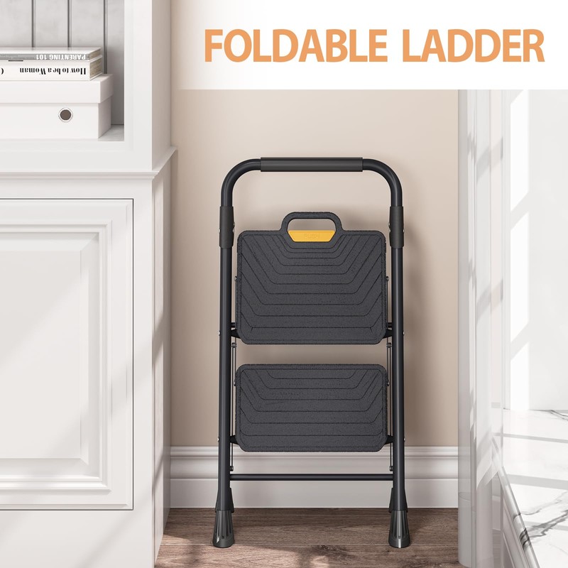TOOLF 2 Step Ladder, Sturdy Steel Step Stool with Anti-Slip