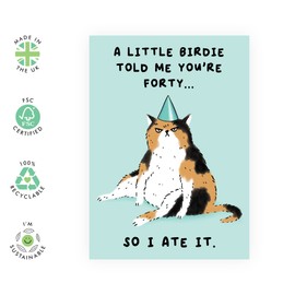 40th Birthday Cards For Men Women - 'A Little Birdie Told Me You're Forty' - Funny Cat Birthday Card For Her Fortieth - Comes With Fun Stickers - Made In The UK By Central 23